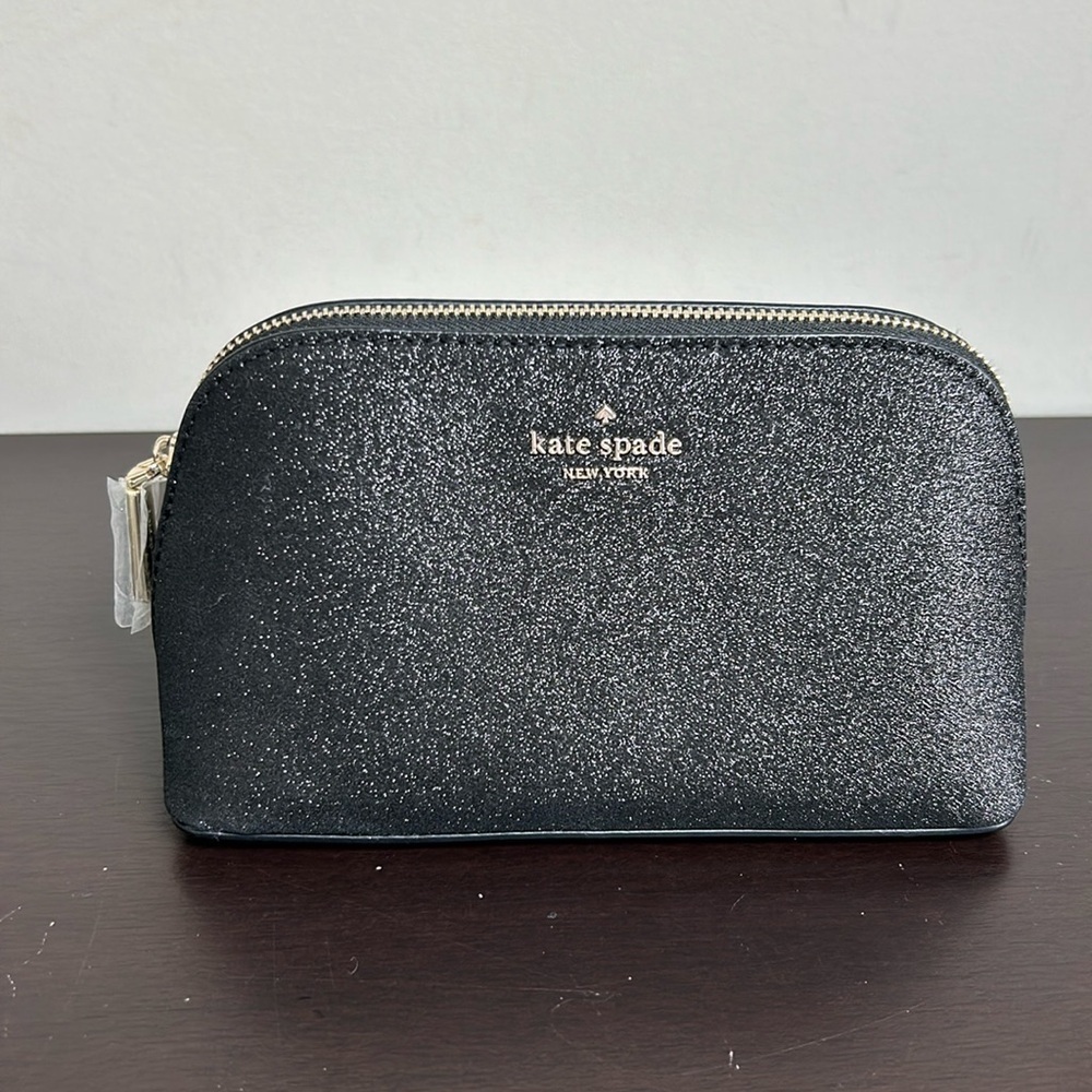 Kate Spade New York Shimmy Glitter Fabric Small Cosmetic Case in black NEW